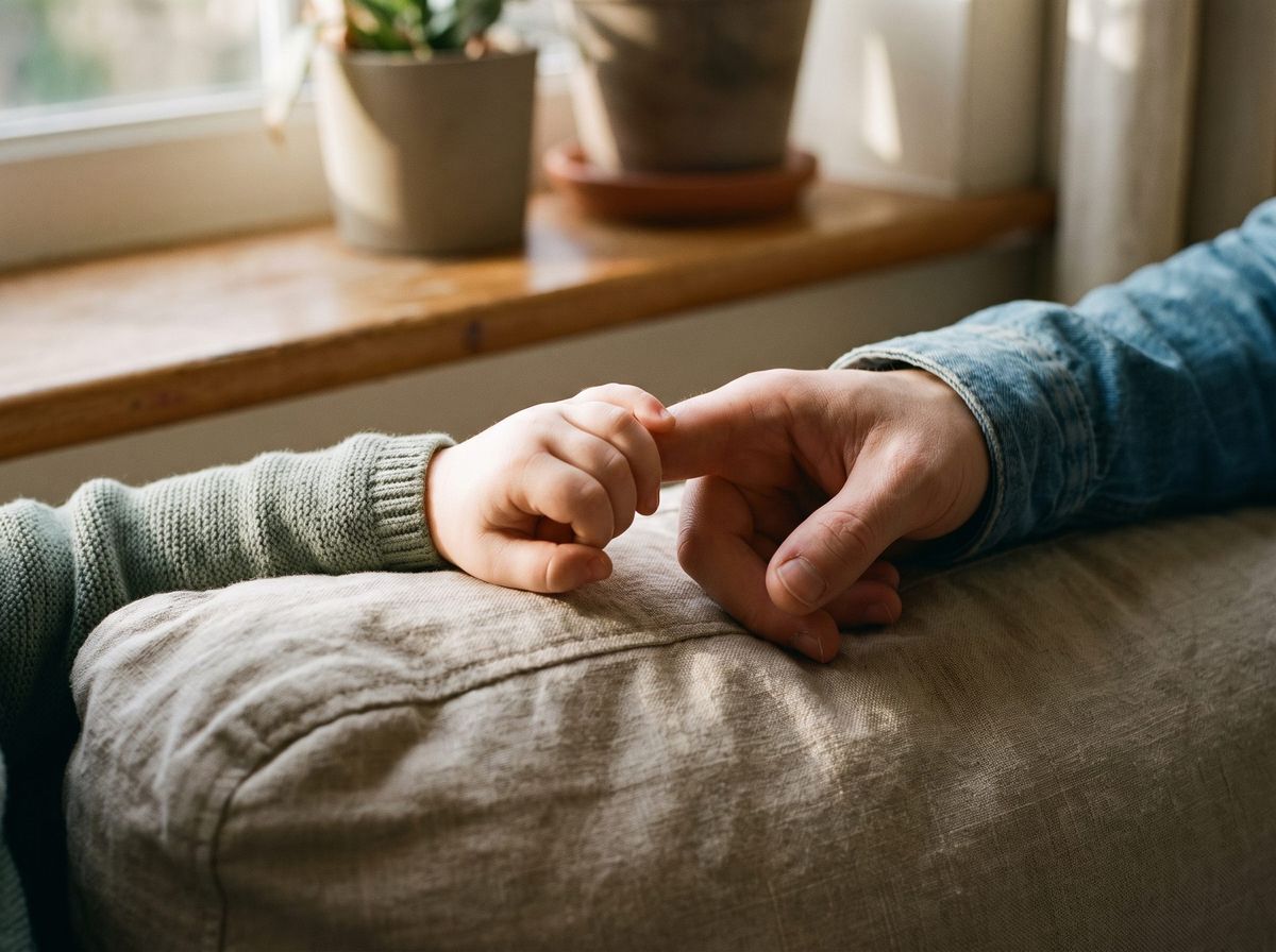 A child's hand squeezing a parent's finger