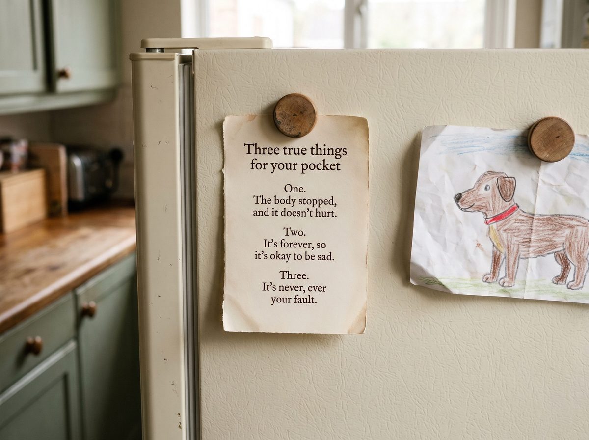 A card on a fridge door that reads: Three true things for your pocket. One, the body stopped, and it doesn't hurt. Two, it's forever, so it's okay to be sad. Three, it's never, ever your fault. A child's drawing of a dog is stuck beside it.
