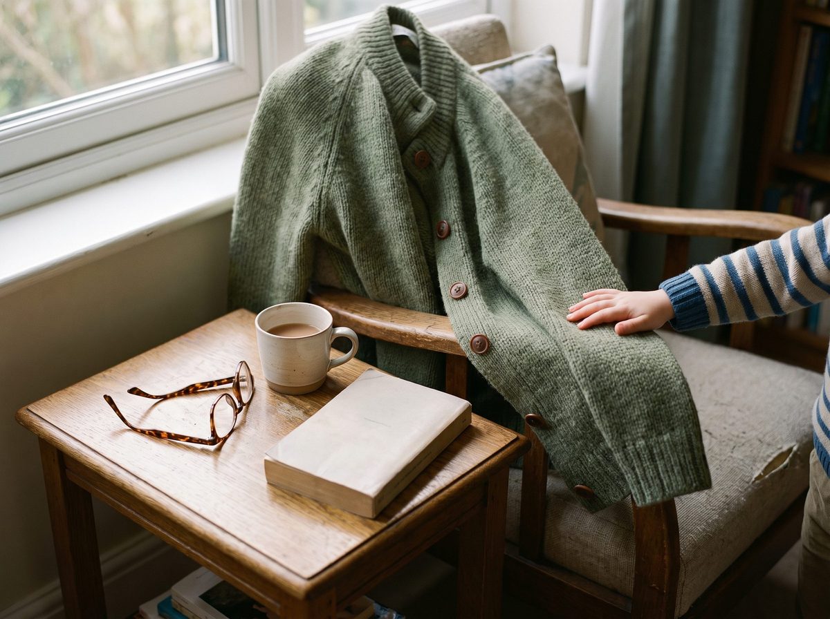 A green cardigan over the back of an armchair, with glasses, a mug of tea and a book on the table beside it, and a child's hand resting on the sleeve