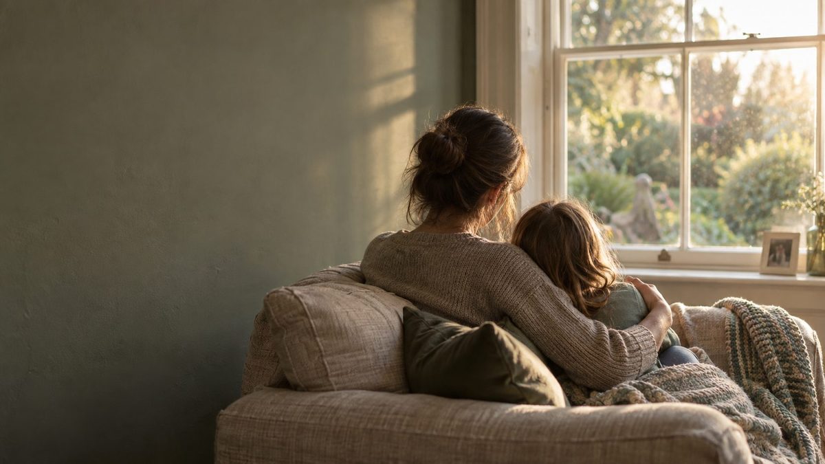A mother and child curled up together on a sofa by a window in low evening sun, seen from behind