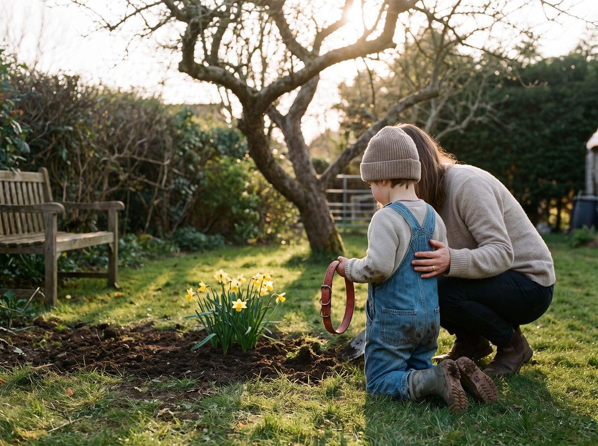 A small child in wellies kneeling by a freshly dug patch of garden, holding a red dog collar, with a parent's hand on their back
