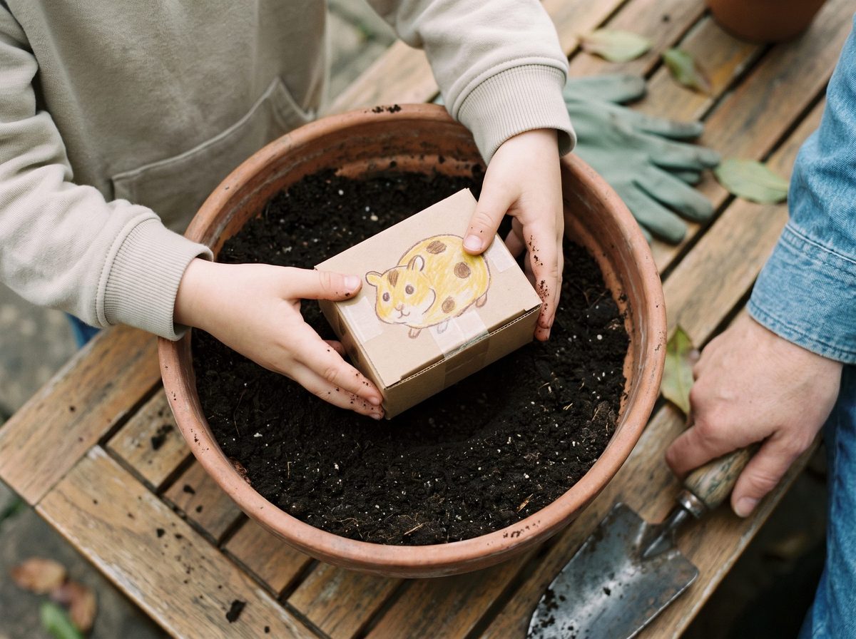 A child's hands placing a small cardboard box with a hand-drawn hamster on it into a pot of soil, with a parent's hand and a trowel beside it