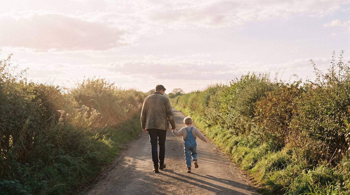 A dad and a small child in blue dungarees walking hand in hand down a country lane in low sun